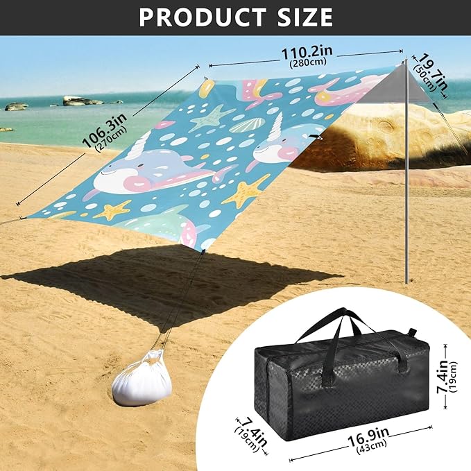 Seamless Pattern Narwhal Under The Sea Camping Sun Shelter Beach Tent Portable Beach Sun Shade Outdoor Canopy for Camping Trips Fishing Picnic