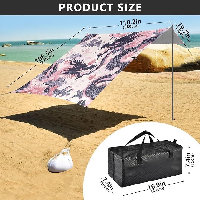 Pink Japanese Dragon Beach Tent Sun Shelter 9.2' x 10.5' Beach Canopy with 4 Sandbags 4 Stability Poles Sand Shovels - Tent Canopy for Beach Camping Fishing Picnics
