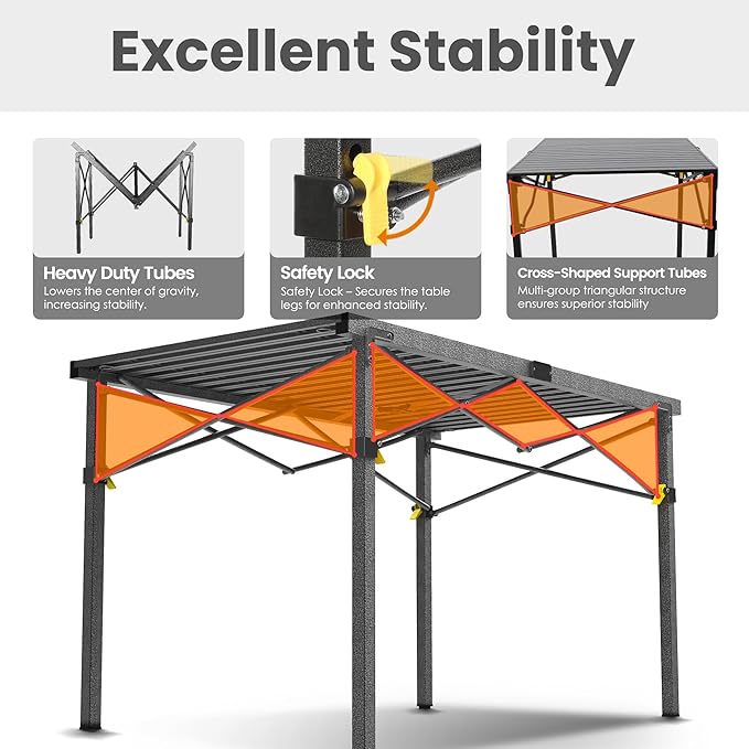 Portable Outdoor Camping Table Large for 2-6 Person - Foldable Camp Table with Aluminum Roll-Up Top &amp Carry Bag for BBQ Tailgating Backyard 220 Lbs Capacity Stable &amp Sturdy (Black)