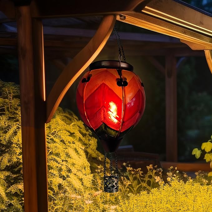 Glass Solar Hot Air Balloon Lantern with Flame Hanging Garden Flickering Light Outdoor Waterproof for Yard Patio Tree Mother's Day Gift Wavy-Colorful