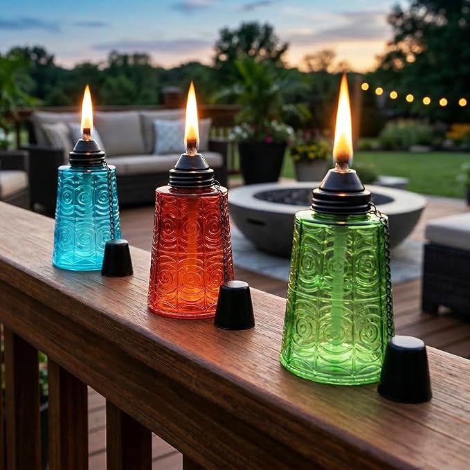 Seraphic Citronella Table Top Torches for Outdoor Patio 16oz Decorative Glass Torch Citronella Candles for Outside Deck Garden Parties Set of 3 Blue/Amber/Green