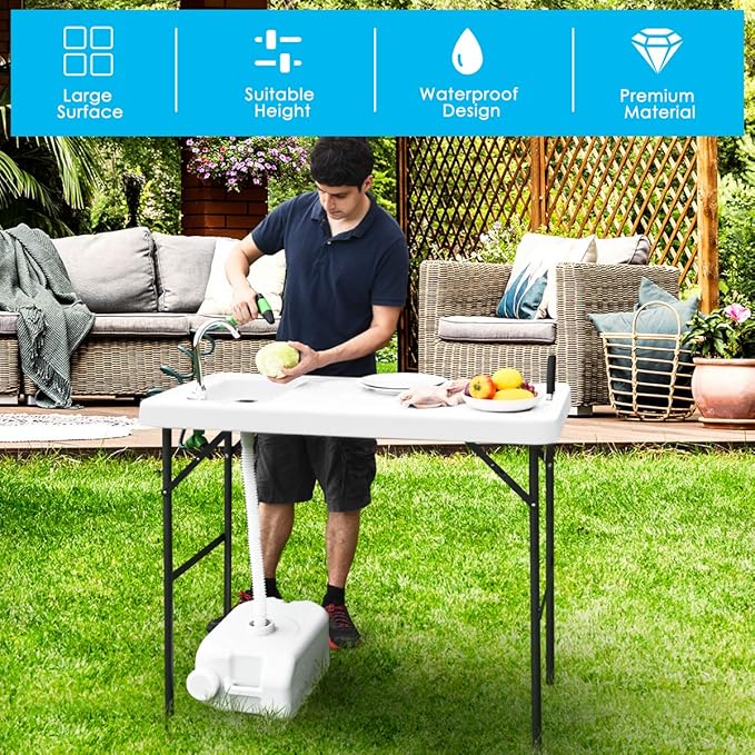 Goplus Portable Fish Cleaning Table with Sink Folding Outdoor Camping Sink Station with Hose Hook Up Heavy Duty Fillet Table with Faucet for Dock Beach Patio Picnic