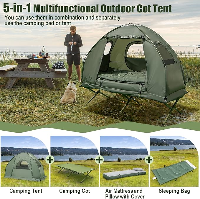 Goplus Camping Tent Cot 5-in-1 Folding Camping Bed with Awning Air Mattress Sleeping Bag Bedspread Off Ground Elevated 1-2 Person Cot Tent with Carrying Bag Air Pump for Camping Picnic Outdoor
