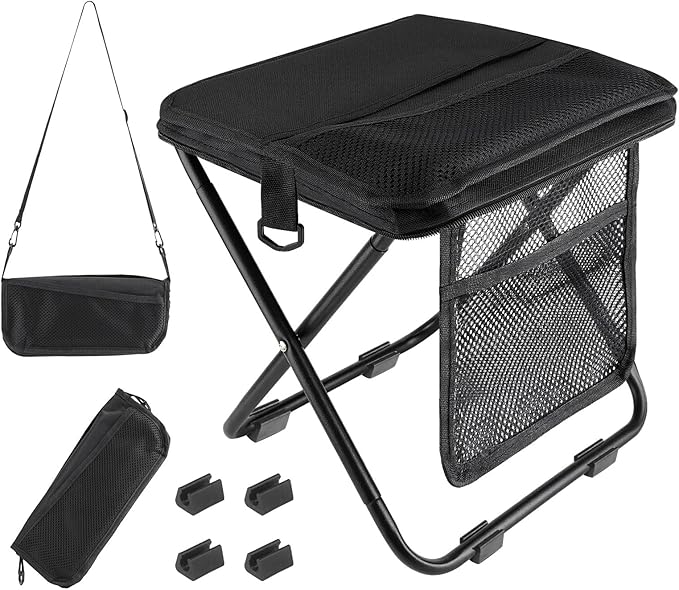 Extra Large Foldable Backpack Stoolpockets and side pockets Compact adult-sized portable stool ideal for camping hiking outdoor activities and events Maximum weight capacity 300 lbs (Black)