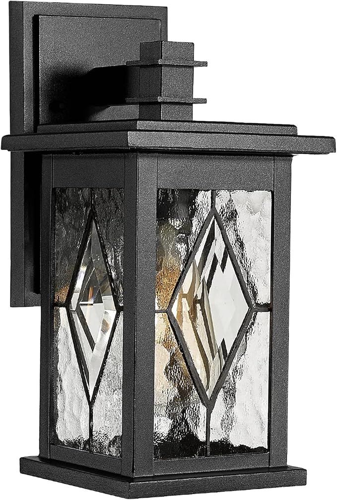 Emliviar Farmhouse Outdoor Porch Light 1-Light Patio Wall Fixture With Water Grain Glass Shade Black Finish 1803EW1-SD BK