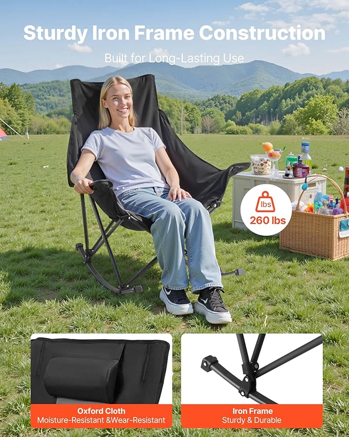 VEVOR Rocking Camping Chair Portable Folding Rocker Heavy-Duty Lawn Chair Recliner with Cupholder &amp Pocket Supports 225lbs Fully Padded Camp Chairs for Outdoor Patio Backyard Porch Garden