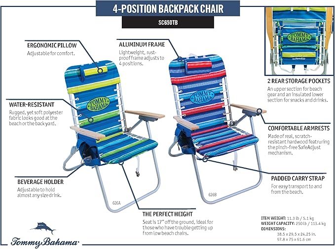Tommy Bahama Hi-Boy 17 Seat Height 4-Position Lace-Up Suspension Folding Beach Backpack Chair