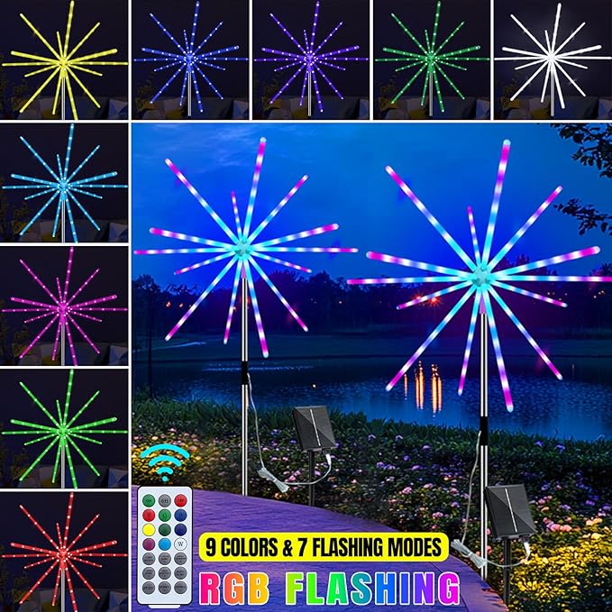 Solar Firework Lights Outdoor 9 Colors 16 Modes Solar Garden Light Waterproof Solar Powered Starburst Light for Party Wedding Holiday Decoration Meteor Lights 2 Pack