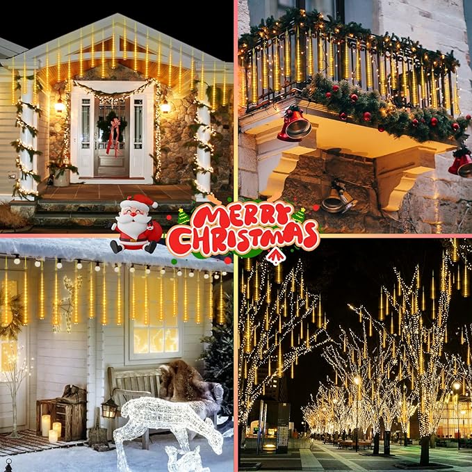 KNONEW Christmas Lights Outdoor 15 inch 24 Tubes 672 LED Meteor Shower Lights Plug in Waterproof Falling Rain Light for Xmas Tree Wedding Party Garden Holiday Rooftop Decorations (Warm White)