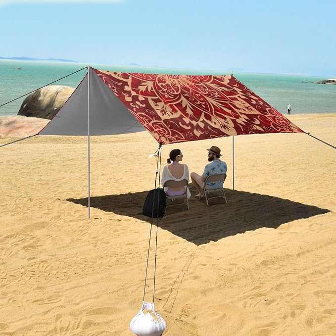 Mandala Red Beach Tent Sun Shelter 9.2' x 10.5' Beach Canopy with 4 Sandbags 4 Stability Poles Sand Shovels - Tent Canopy for Beach Camping Fishing Picnics
