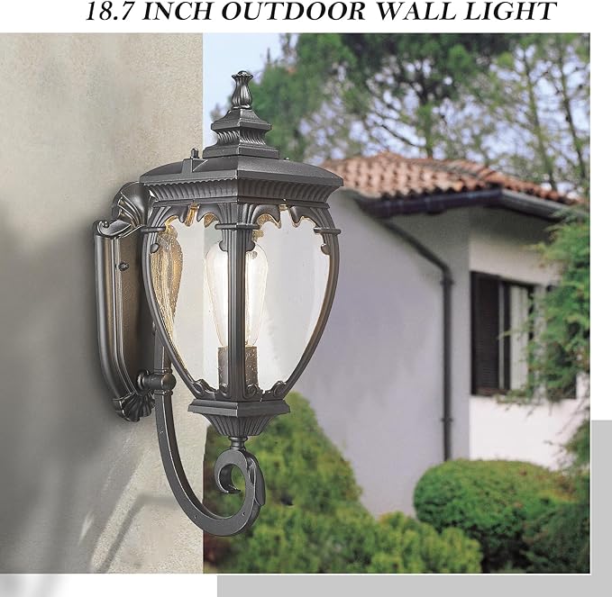 Porch Light Outdoor Wall Lights Exterior Lighting Fixtures 18.7 Inch Waterproof Black Porch Lights Outdoor Wall Sconces Light Fixture with Seeded Glass for Outside Patio Garage