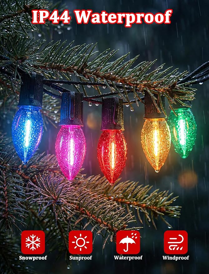 C9 LED Christmas String Lights 25FT Vintage String Lights with 27 C9 Clear Multicolor LED Bulbs Outdoor Hanging Christmas Lights for Xmas Tree Patio Party Roofline Decor - Green Wire