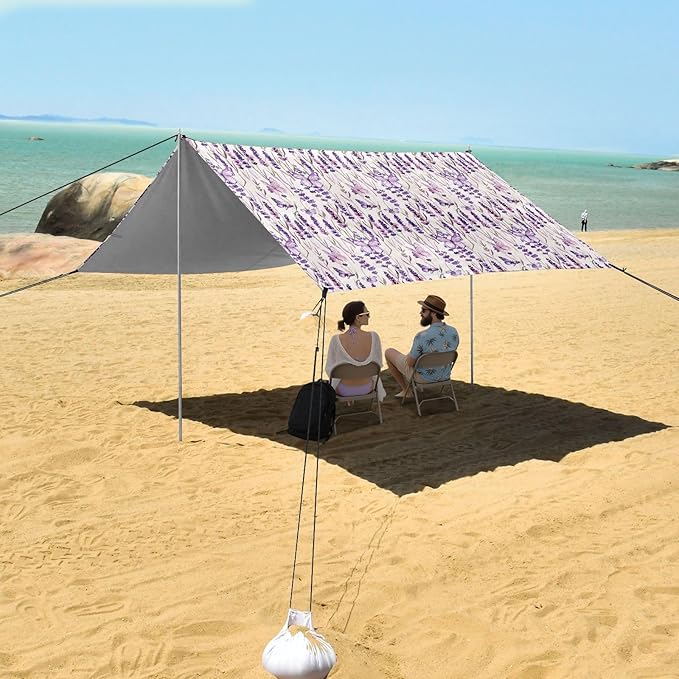 ALAZA Lavender Flower Butterfly Beach Tent Sun Shelter UPF50+ Protection Beach Shade Canopy w/ 4 Sandbags for Outdoor Camping Fishing Backyard Fun Picnic 10x9 ft