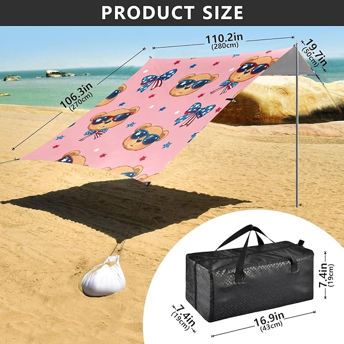 Bolaz Beach Canopy Tent Sun Shade9'×10.5' Large Family Beach Shade UPF50+- Outdoor Shade for Camping Trips FishingLittle Bear Bow Pattern