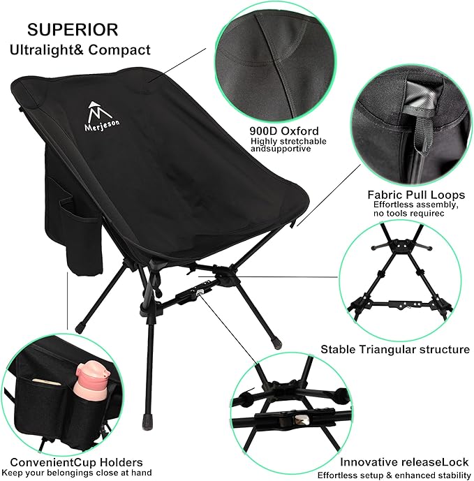 Portable Camping Chair with ReleaseLock Stable Lightweight Camp Ultralight Folding Compact 330lbs Backpacking Foldable Chairs for Outside Beach Picnic Hiking Festival &amp Travel -Black