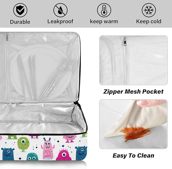 Casserole Carrier Colorful Cute MonstersInsulated Casserole Carrier for Hot or Cold Food Thermal Lunch Tote for Potluck Parties Picnic Beach Fits 9 x 13 Inches Baking Dish