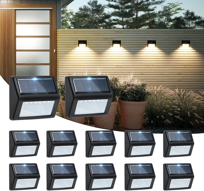 Bright Solar Fence Lights 12 Pack Outdoor Step Lights IP65 Waterproof 3000K Warm-White Dusk to Dawn Outdoor Lighting with 6 LED for Wall Garage Patio Exterior Porch