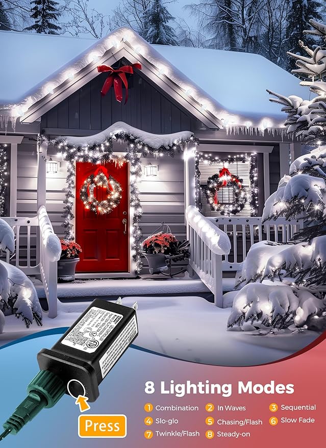 C9 Christmas Lights Outdoor 114 Feet 150 LED C9 String Light with Timer &amp 8 Light Modes Waterproof Commercial Grade Connectable Christmas Tree Lights for House Indoor Outside Roofline Pure Whit
