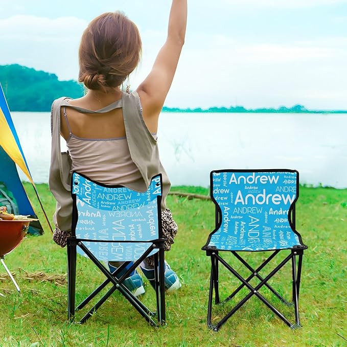 Sinestour Sky Blue Custom Folding Camping Chair for Teen Child Personalized Name 14.6×14.6in Portable Outdoor Chair with Carry Bag for Beach Picnic Travel