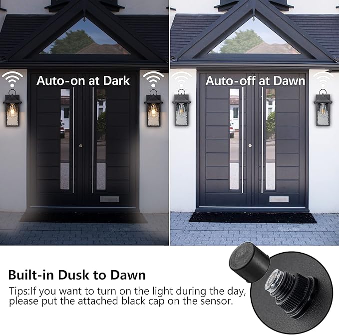 Outdoor Porch Light with GFCI Outlet Dusk to Dawn Exterior Lights Fixture Wall Mount for House Black Wall Sconce Lighting with Plug Waterproof Patio Lights for Garage