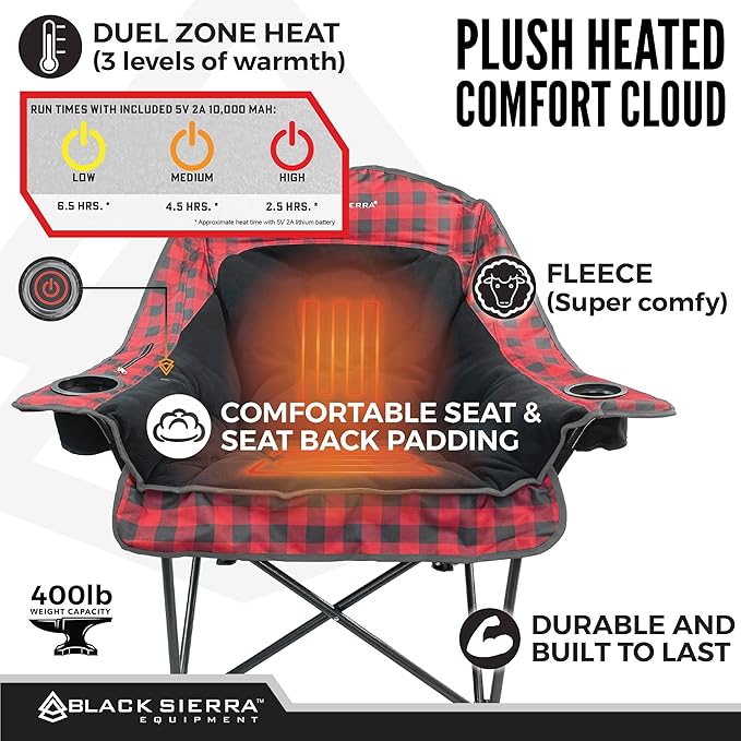 Black Sierra Heated Fleece Camping Chair for Adults Oversized Outdoor Seat with Plush Padding Supports 400lbs Cup Holders and Carry Bag Heavy Duty Folding Chair for Tailgating or Patio