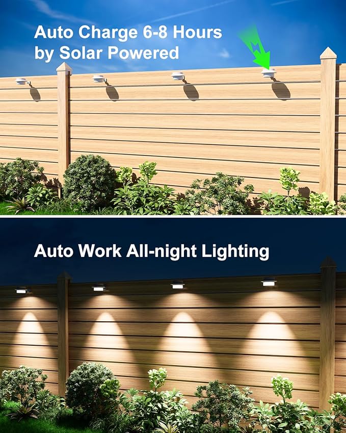 8 Pack White Solar Powered Gutter Lights Outdoor Decorative Waterproof Led Fence Lamp for Lighting Railing Outside Wall Deck Garden Path Backyard Sidewalk Yard Patio No Drilling Installation