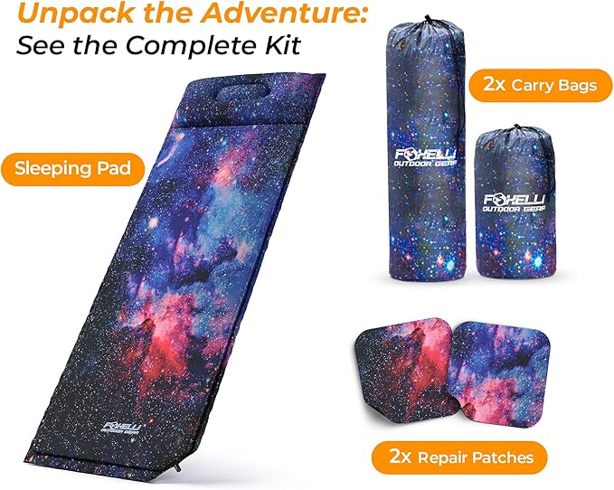Foxelli Self Inflating Sleeping Pad for Camping Backpacking Hiking Insulated Foam Lightweight Camping Mat Inflatable Camp Mattress with Pillow
