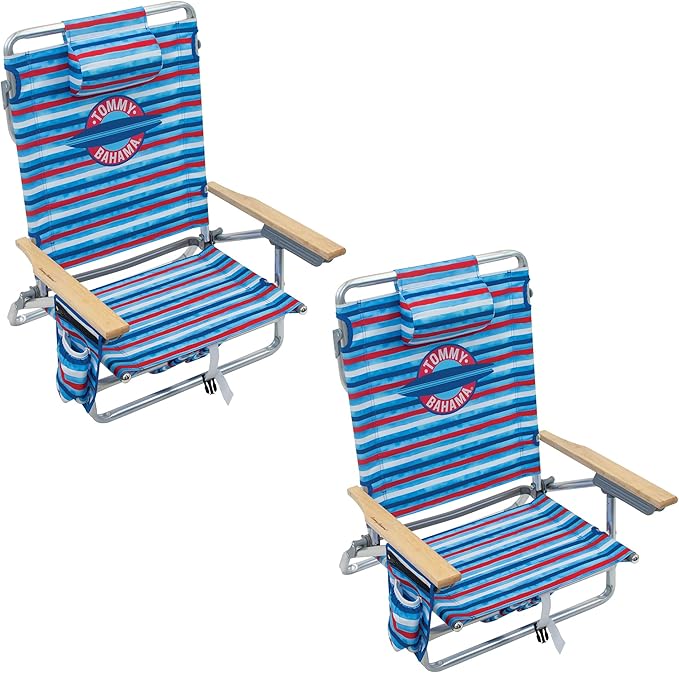 Tommy Bahama 2-Pack 5-Position Classic Lay Flat Backpack Beach Chair with Cooler and Cup Holder Portable Folding Beach Chair for Tanning Red/White/Blue