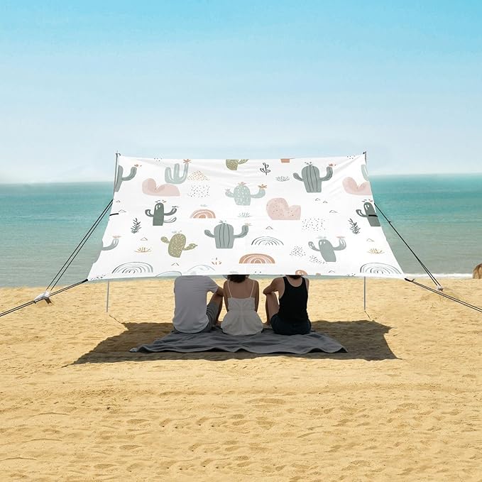 ALAZA Cactus Cacti Rainbow Beach Tent Sun Shelter UPF50+ Protection Beach Shade Canopy w/ 4 Sandbags for Outdoor Camping Fishing Backyard Fun Picnic 10x9 ft