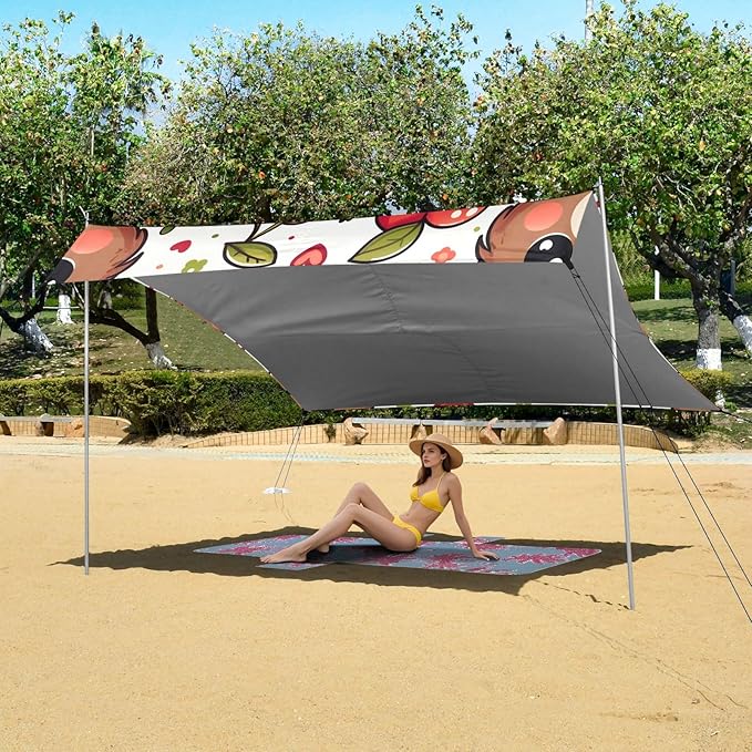 Cute Cartoon Bear Face with Cherry Camping Sun Shelter Beach Tent Portable Beach Sun Shade Outdoor Canopy for Camping Trips Fishing Picnic