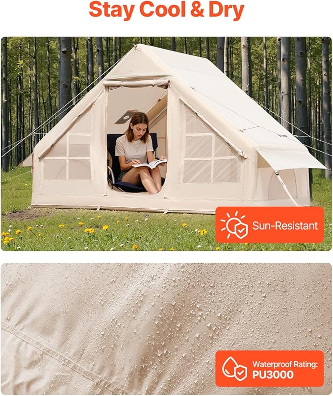 VEVOR Inflatable Tents for Camping Easy Setup Blow up Tent with Hand Pump 4 Season Glamping Tent with Stove Jack Doors &amp Mesh Windows Storage Bag Included for Easy Taking