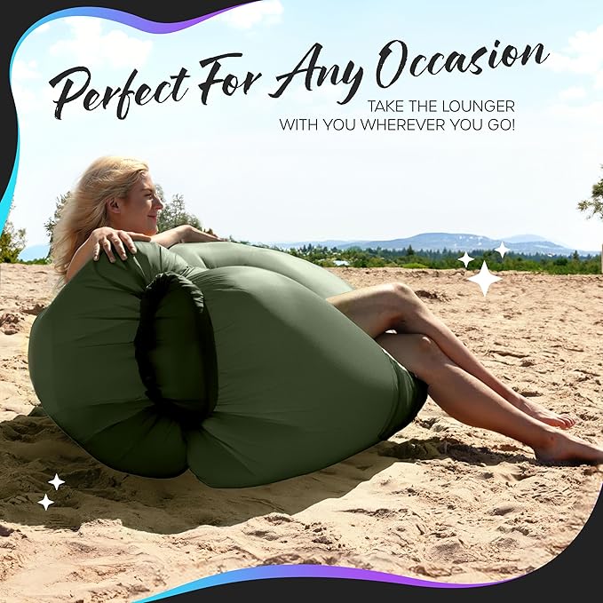 Nevlers Military Green Inflatable Lounger | No-Pump Blow Up Couch | 210T Polyester Outdoor Lounger for Use as Music Festival Essentials | Air Couch Inflatable Chair for Kids w/ 450 lbs. Capacity