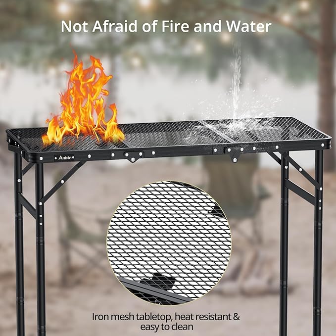 Anbte 3ft Tri-fold Grill Table 2 Adjustable Heights Max 29.5 Sturdy Metal Grill Table with Storage Bag Heat-Resistant Tabletop Portable Handle for Cooking BBQ Outdoor Travel 35 x 16 Black