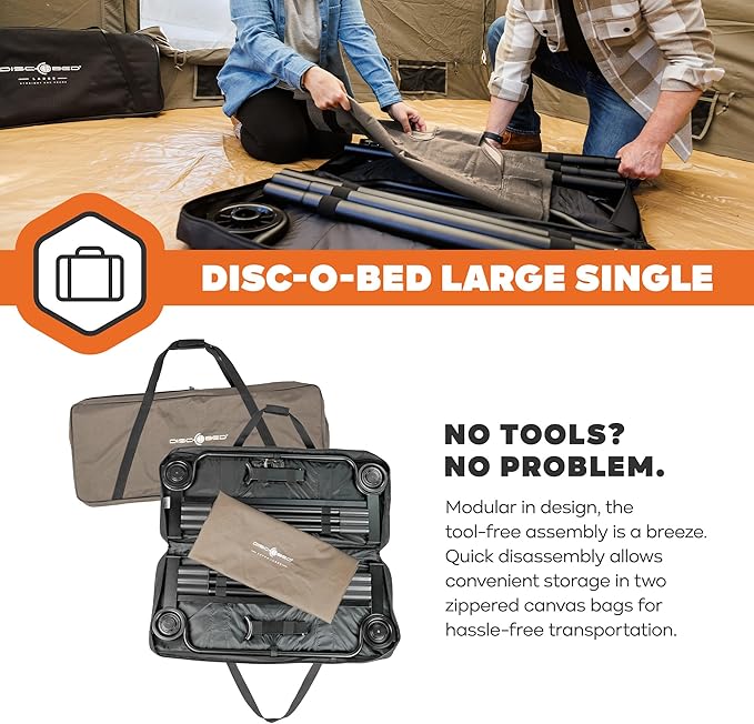 Disc-O-Bed Large Outdoor Modular 1 Person Single Camping Cot Portable Bed for Adults Sleep Solution for Tents Tan