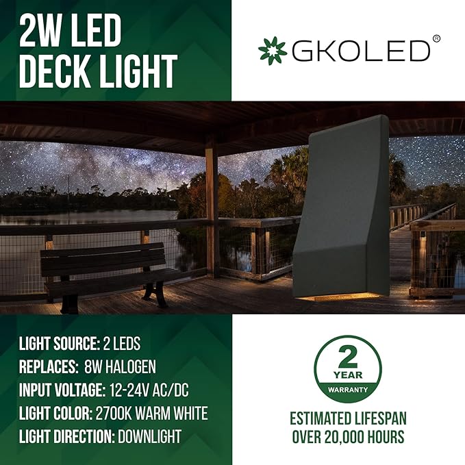 GKOLED Low Voltage LED Wedge Deck Rail Light Landscape Railing Post Fence Accent Lighting 2W 2700K Integrated LED Chips Die-cast Aluminum Powder Coated Finish 12V AC/DC IP65 Rated Black 6-Pack
