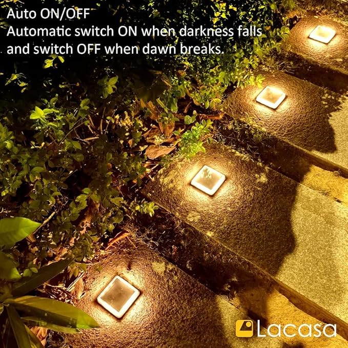 Lacasa Solar Deck Lights 4 Pack Warm White Outdoor In-Ground Driveway Walkway Dock IP68 Waterproof Solar Powered Stair Step Pathway Fence Auto On/Off LED for Garden Yard Patio
