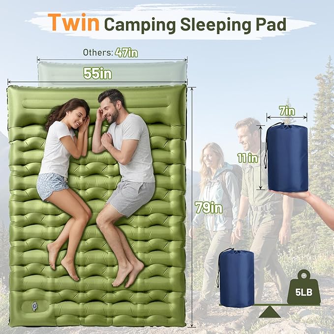 KASBAH Double Inflatable Camping Sleeping PadThick 6 inch 2 Person Ultralight Sleeping Mat with Built-in Foot Pump and PillowCamping Essentials for HikingBackpackingTraveling Tent
