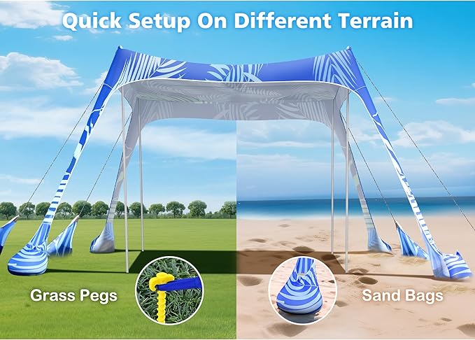 2PM SPORTS Beach Tent Canopy with UPF50+ UV Protection Outdoor Large Beach Sun Shade Shelter for Family Picnic Camping Travel Shore Fishing 8 Sandbags Sand Shovel (Areca Palm 10x10 FT)