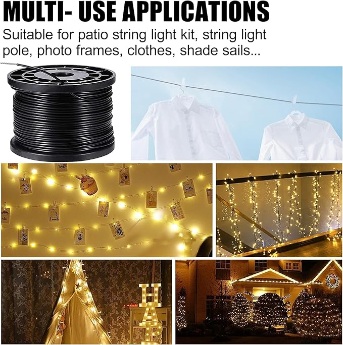Upgraded Outdoor String Light Hanging Kit 350ft Globe String Light Suspension Kit w/Expansion Hook Stainless Steel 304 String Light Guide Wire Black Guy Wire kit for Wedding Dinner Barbecue