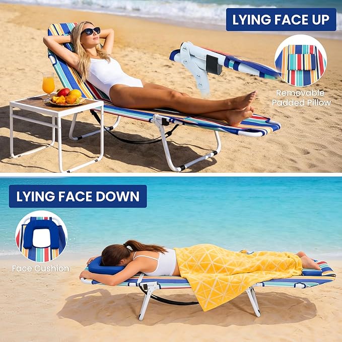 LILYPELLE Portable Folding Camping Cot Adjustable 5-Position Face Down Folding Chaise Lounge Chairs Outdoor Portable Folding Bed Sleeping Cot for Camping Pool Beach Patio