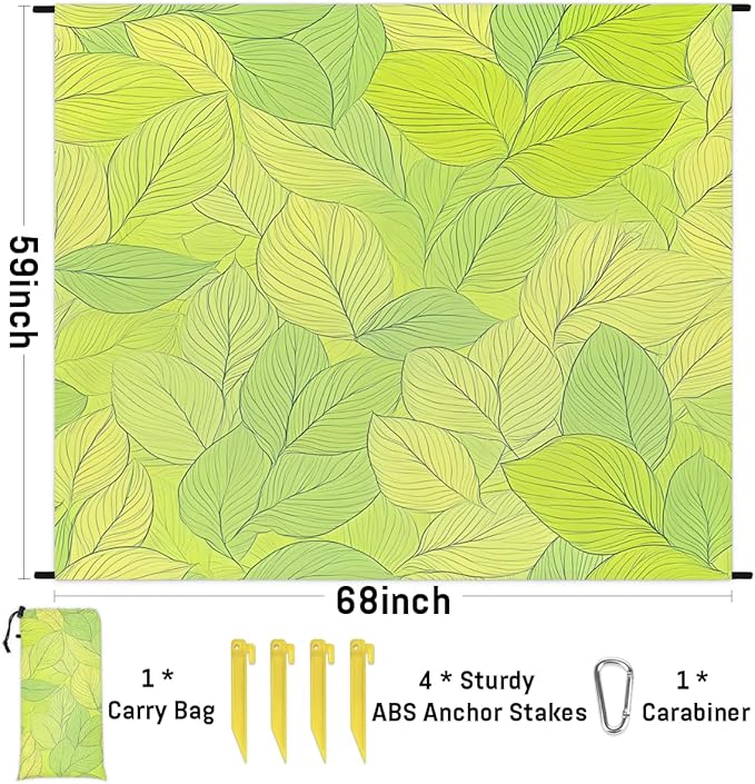 Waterproof Sandproof Beach Blanket 59''×68'' Curry Leaf Polyester Outdoor Picnic Blanket with 4 Stakes &amp Storage Bag for BeachCampingVacation Green