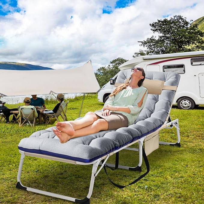 LILYPELLE Portable Folding Camping Cot Adjustable 5-Position Face Down Folding Chaise Lounge Chairs Outdoor Portable Folding Bed Sleeping Cot for Camping Pool Beach Patio