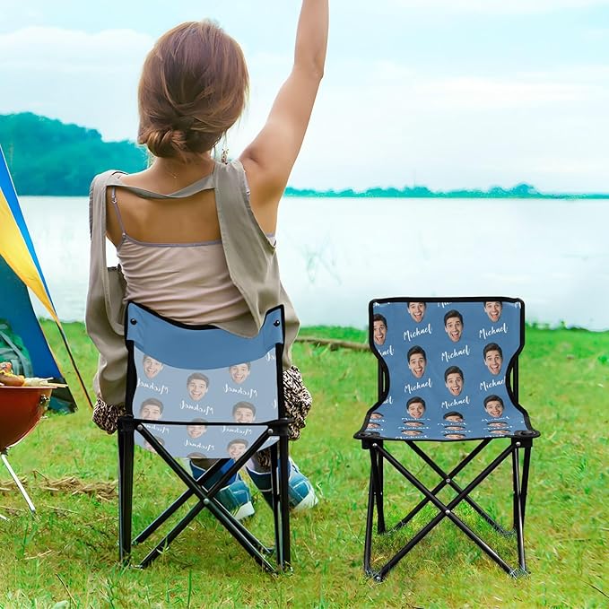 Steel Blue Custom Photo Folding Camping Chair for Teen Child Personalized Name 14.6×14.6in Portable Outdoor Chair with Carry Bag for Travel Barbeques Picnic