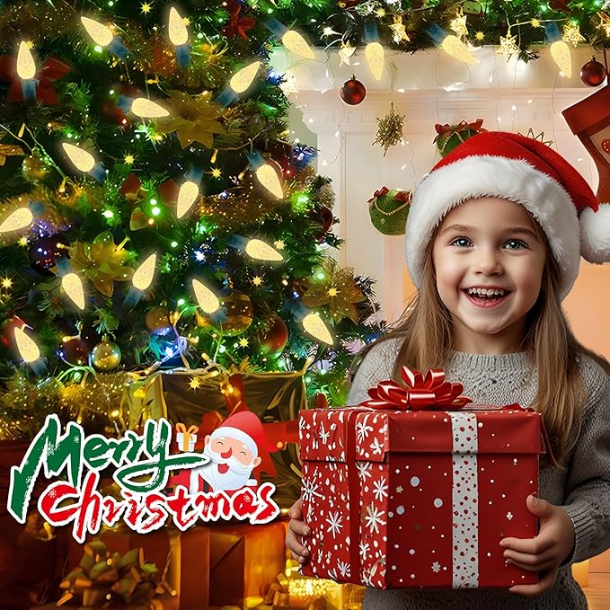 2 Pack 100LED C6 Christmas Lights Battery Operated 16.4FT C6 Christmas Lights Battery Powered with Timer 8 Modes Waterproof for Outdoor Garden Patio Indoor Xmas Tree Bedroom Party Warm White