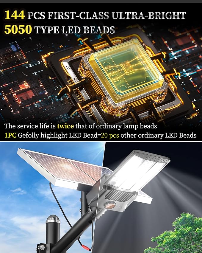 Gefolly Solar Street Lights Outdoor Commercial Parking Lot Light Dusk to Dawn IP67 Waterproof 6500K Security Flood Lights Lamp for Yard Road Basketball Courts (SL-9800W 650000LM)