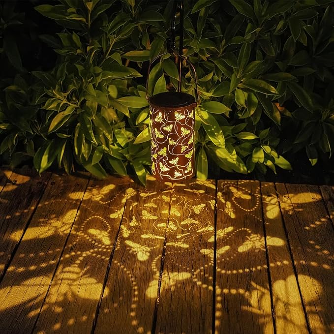 Solar Honeybee Lanterns Outdoor Hanging Decor LanternWaterproof Hollow Out Retro Metal Decorative Garden LightGraceful Decoration for PatioYardLandscapeWalkwayFestival