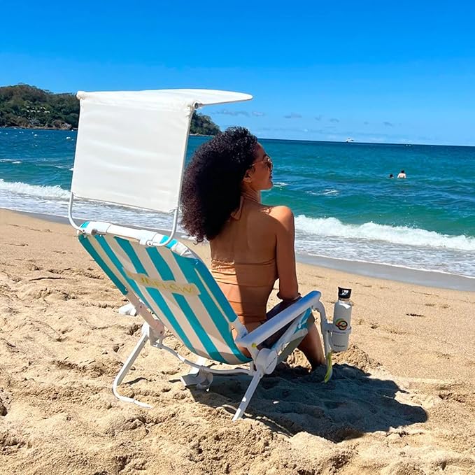 SUNFLOW Shore Thing Premium Beach Chair - Adjustable Portable Rust-Resistant Reclining Beach Chair with UPF 50+ Sun Shade and Drink Holder for The Ultimate in Comfort (Sky Blue Stripe)