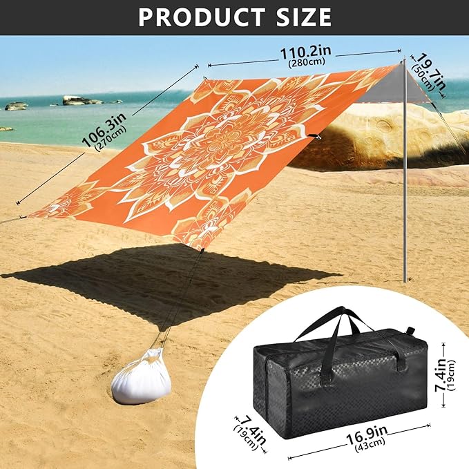 Orange Mandala Beach Tent Sun Shelter 9.2' x 10.5' Beach Canopy with 4 Sandbags 4 Stability Poles Sand Shovels - Tent Canopy for Beach Camping Fishing Picnics