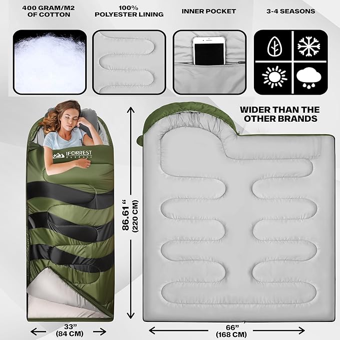 IFORREST Sleeping Bag - Single-Person Cold Weather Camping Sleep Bag for Adults and Teens - XXL 33in/ 40 - Extra-Wide &amp Warm for Big &amp Tall - All-Season Comfort