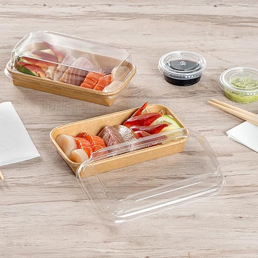 Restaurantware-LIDS ONLY: Matsuri Vision 6.4 x 3.7x 1.2 Inch Lids For Sushi Containers 100 Airtight Lids - Containers Sold Separately No-Fog Design Clear Plastic Dome Lids For Sushi Boxes